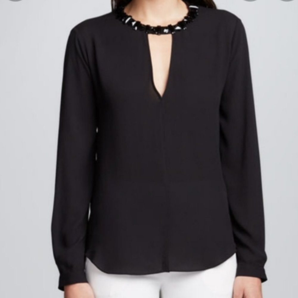 BCBGMaxAzria Open Back Jewel Beaded Embellished Georgette Blouse Black Size S